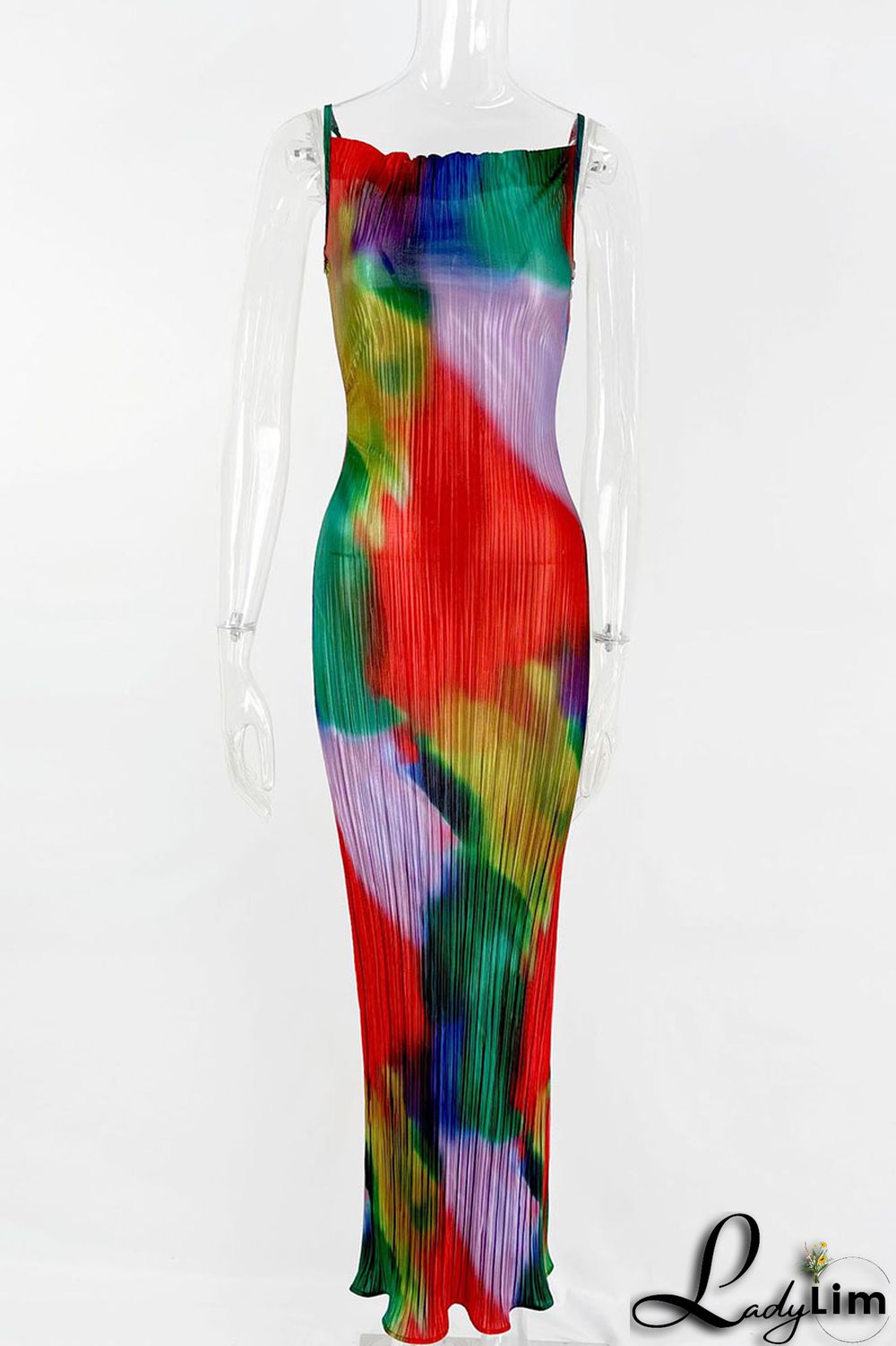 Apricot Red Sexy Print Patchwork Fold Spaghetti Strap Pencil Skirt Dresses