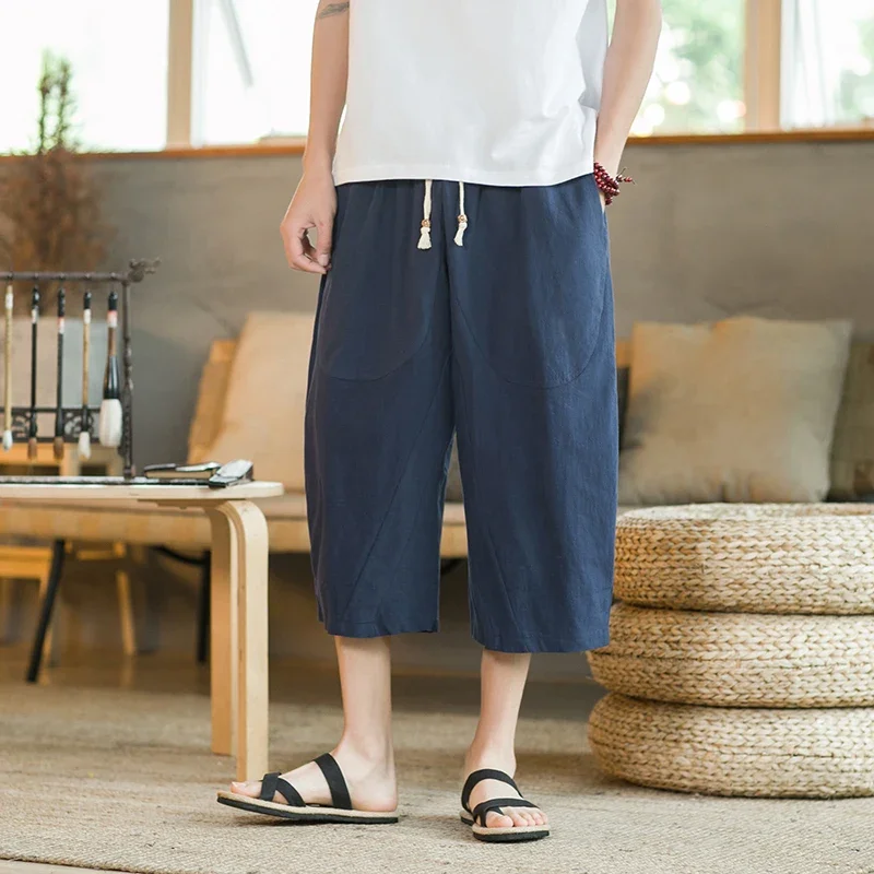 Whosewln Streetwear Fashion Women: Chinese Style Linen Pants – Wide Leg Drop Crotch Joggers for Men’s HipHop Style  