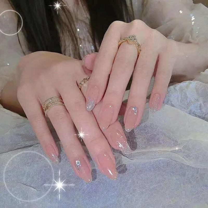 24PCS Fake Nail Exqusite Pearl Decor Girls Mid Length Coffin Ballet Press On Nails Full Cover Fake Nail Long Paragraph Fake Nail-Nail Inspo
