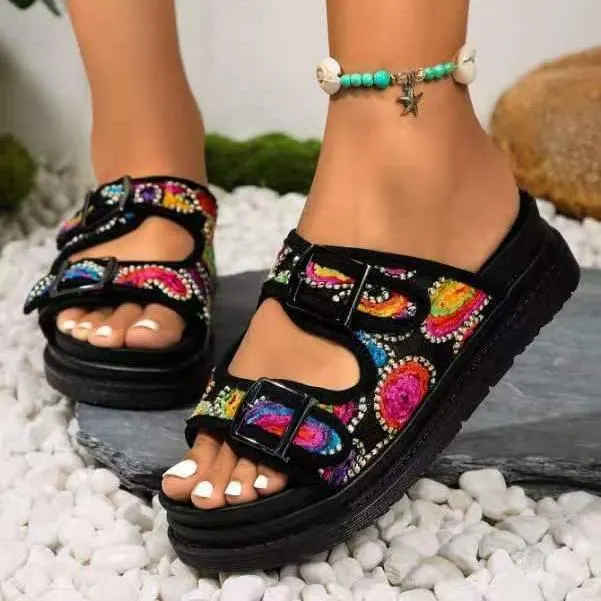 Breakj Breakj New Large-Size Slippers Women Thick-Bottomed A Buckle Solid Color Casual Cold Slippers Women