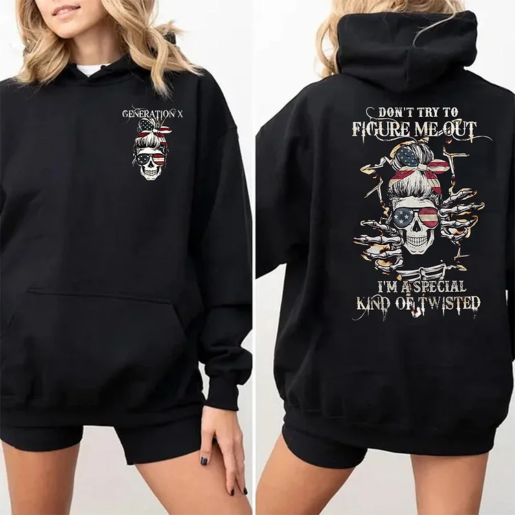 Generation X Don't Try to Figure Me Out Skull Hoodie, Double-Sided Print Sweatshirt, Hoodie, V-neck, T-shirt