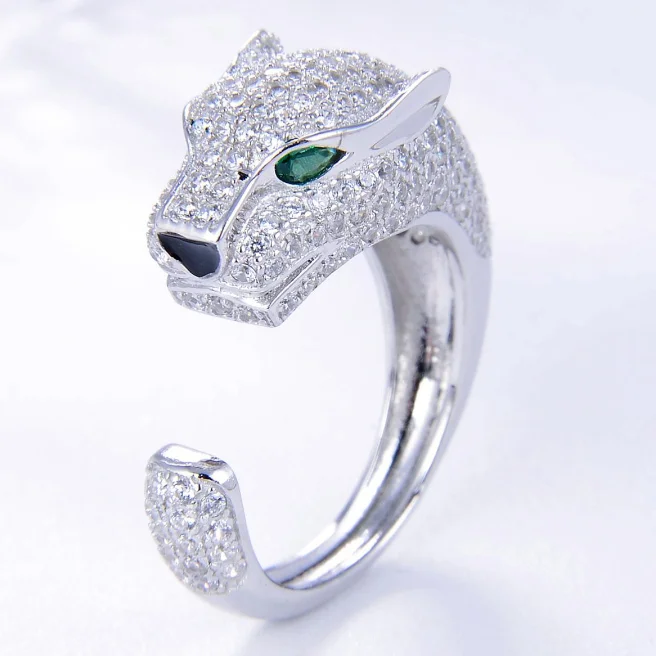 925 Sterling Silver Panther Green Eyes Leopard Finger Open Ring-VESSFUL