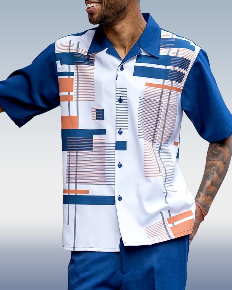 suitmens-Navy Geometric Print Walking Suit 2 Piece Short Sleeve Set