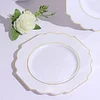 10 Pack | 11" White Hard Plastic Dinner Plates, Disposable Tableware, Baroque Heavy Duty Plates with Gold Rim