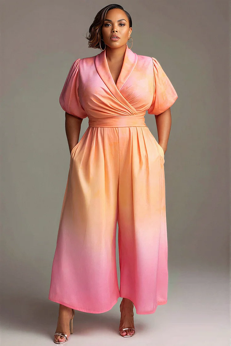 Xpluswear Design Plus Size Business Casual Casual Orange Gradient Shirt Collar Short Sleeve Pocket Wide Leg Jumpsuits [Pre-Order] 2024 - Xpluswear