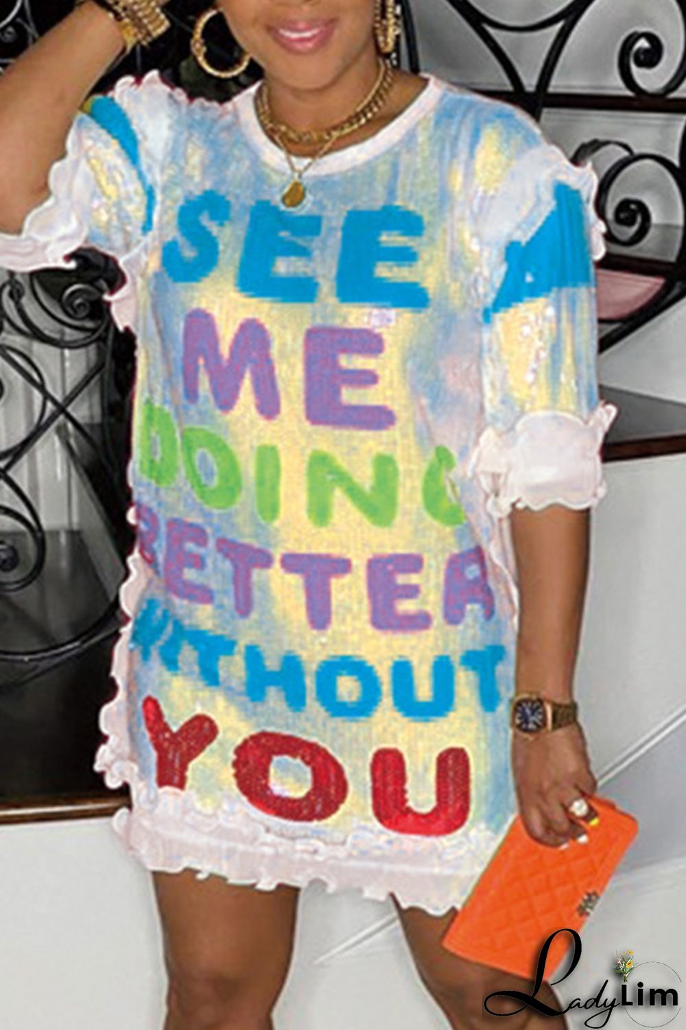 Black Fashion Casual Letter Print Sequins Patchwork O Neck Dresses