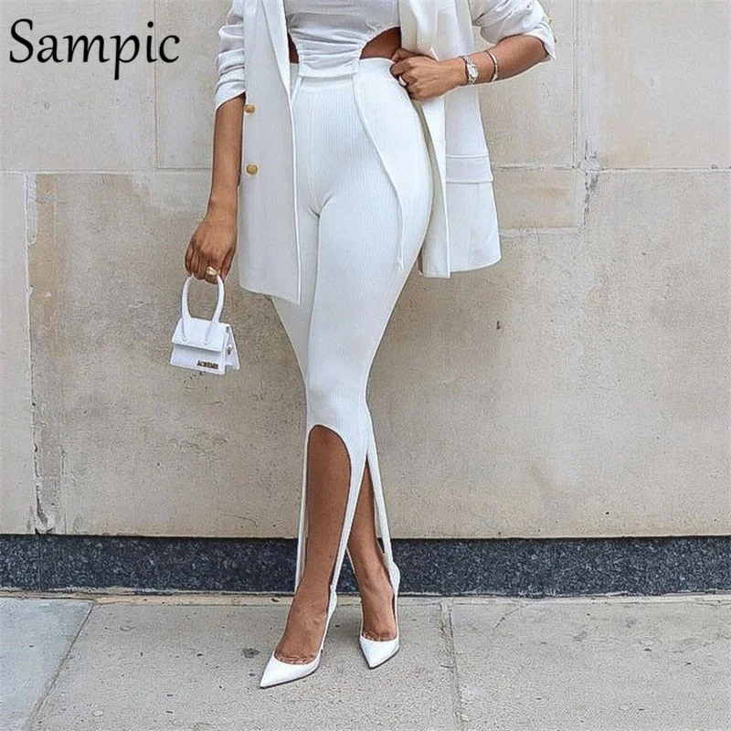 Sampic Korean Fashion Black Summer 2021 Women Sexy Knitted Step Foot High Waisted Skinny Pants Casual Trousers Pants Female