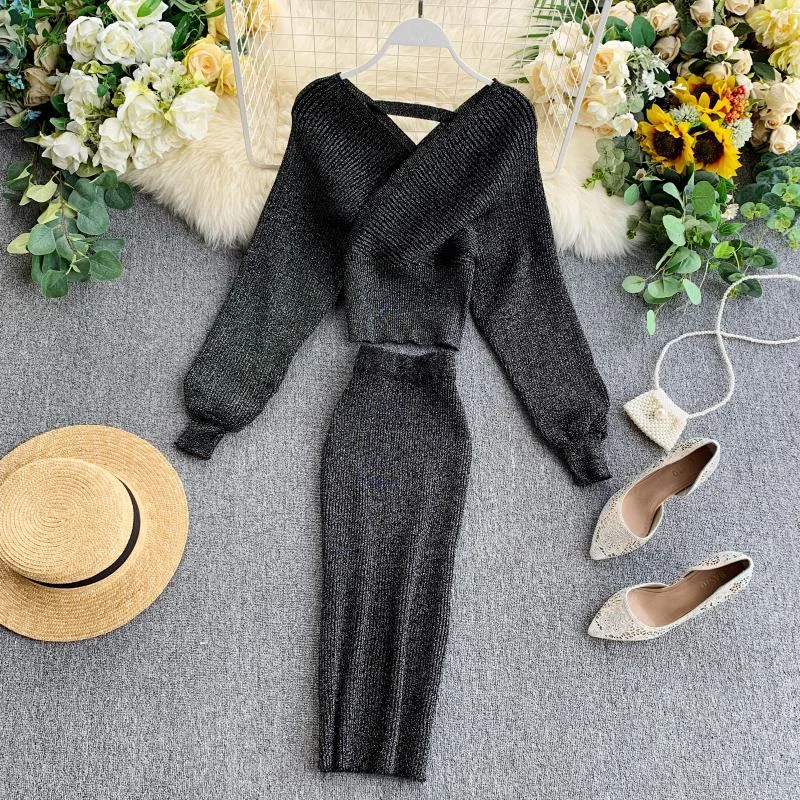 Croysier Winter Two Piece Set Women Sweater Top And Skirt 2 Piece Knitted Set Women Clothes Elegant Sexy Bodycon Sets Outfits