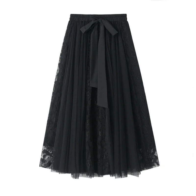Nigikala Nigikala Spring Dress New Bow Tie With High-Waisted Lace Embroidery Splicing Mesh Dress Skirt 8825