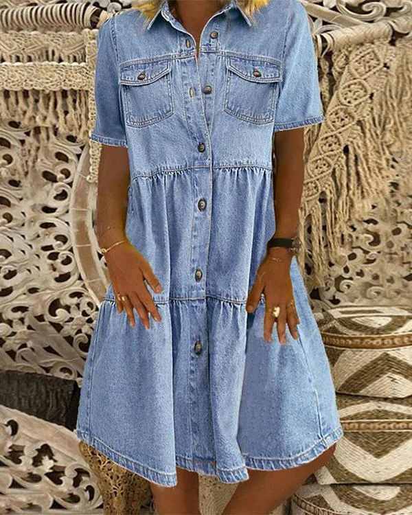 Sky Blue Denim Daily Casual Shirt Collar Short Sleeve Buttoned Pockets A-line Dresses