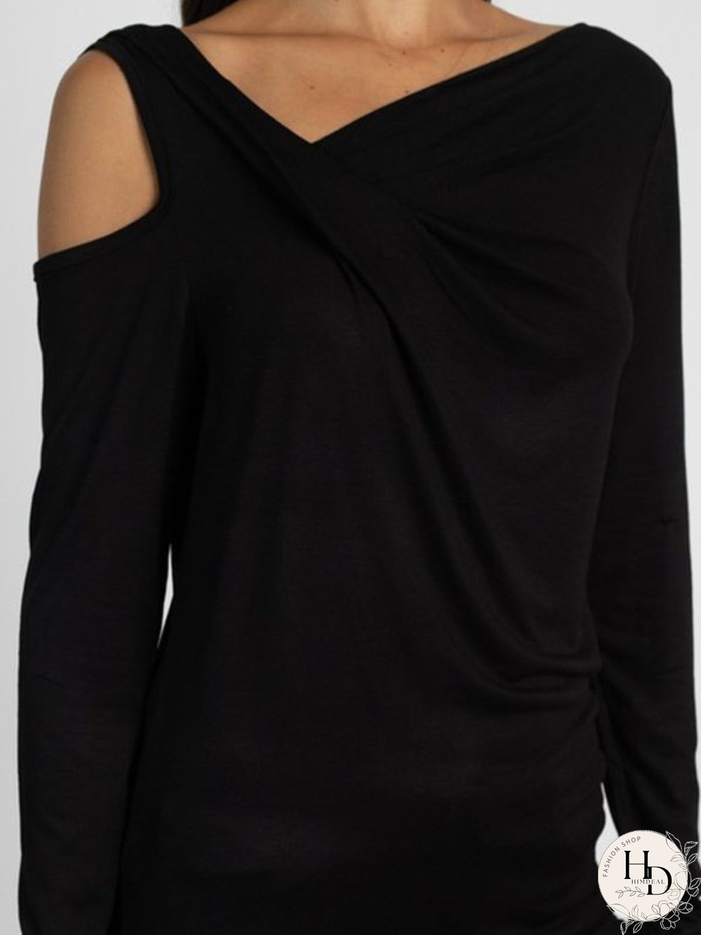Long Sleeve Cotton-Blend Solid One Shoulder T-shirt
