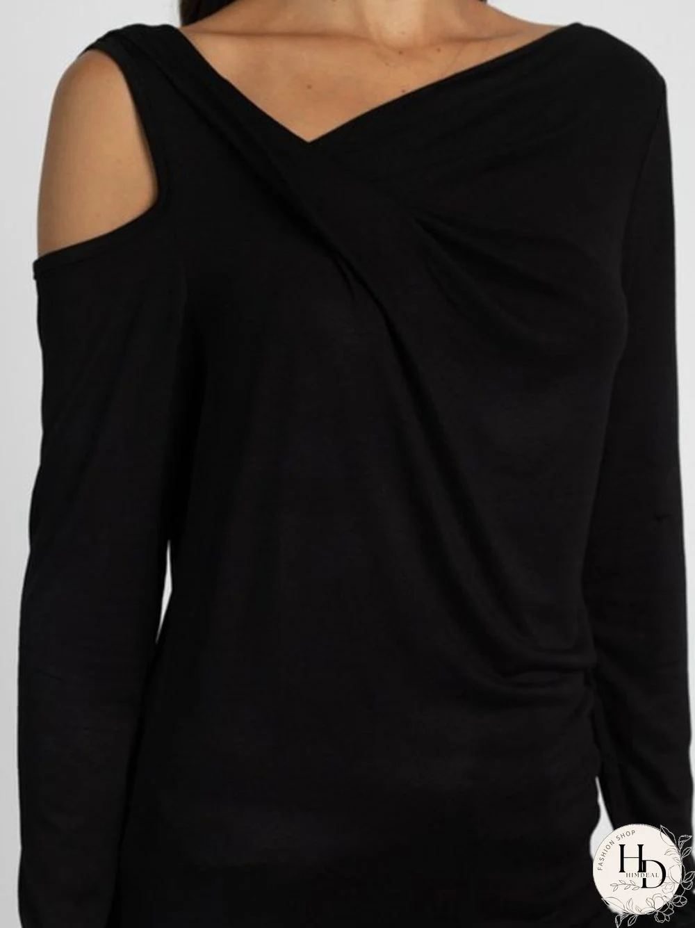 Long Sleeve Cotton-Blend Solid One Shoulder T-shirt