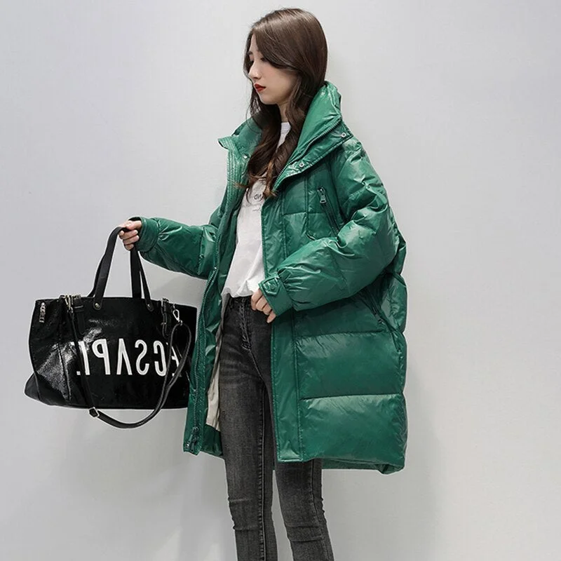 FTLZZ White Duck Down Long Jacket Woman Stand Collar Coat Winter Loose Waterproof Down Overcoat Parka Female Warm Snow Outerwear