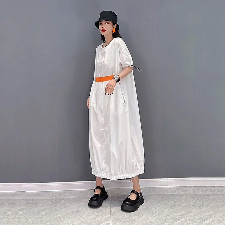 Stylish Solid Color O-neck Drawstring Short Sleeve Pockets Dress   