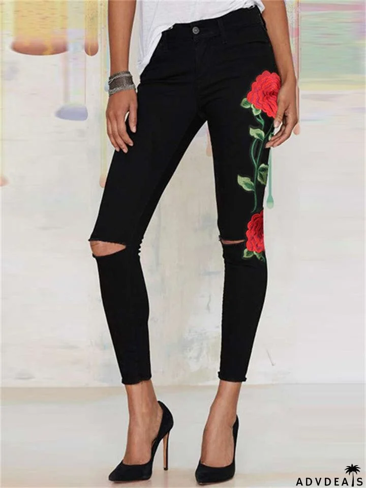 Women's Autumn Season 3D Red Floral Embroidery Slim Fit Jeans