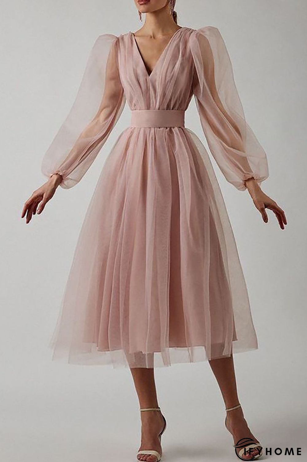 V Neck Tulle Long Sleeve Midi Dress | IFYHOME