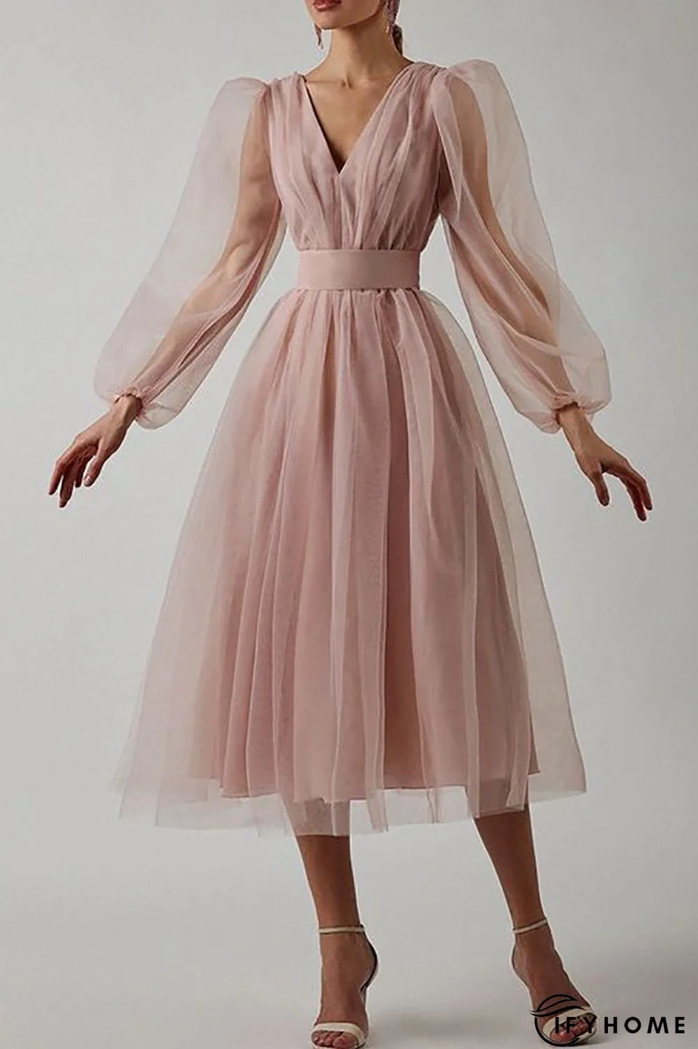 V Neck Tulle Long Sleeve Midi Dress | IFYHOME