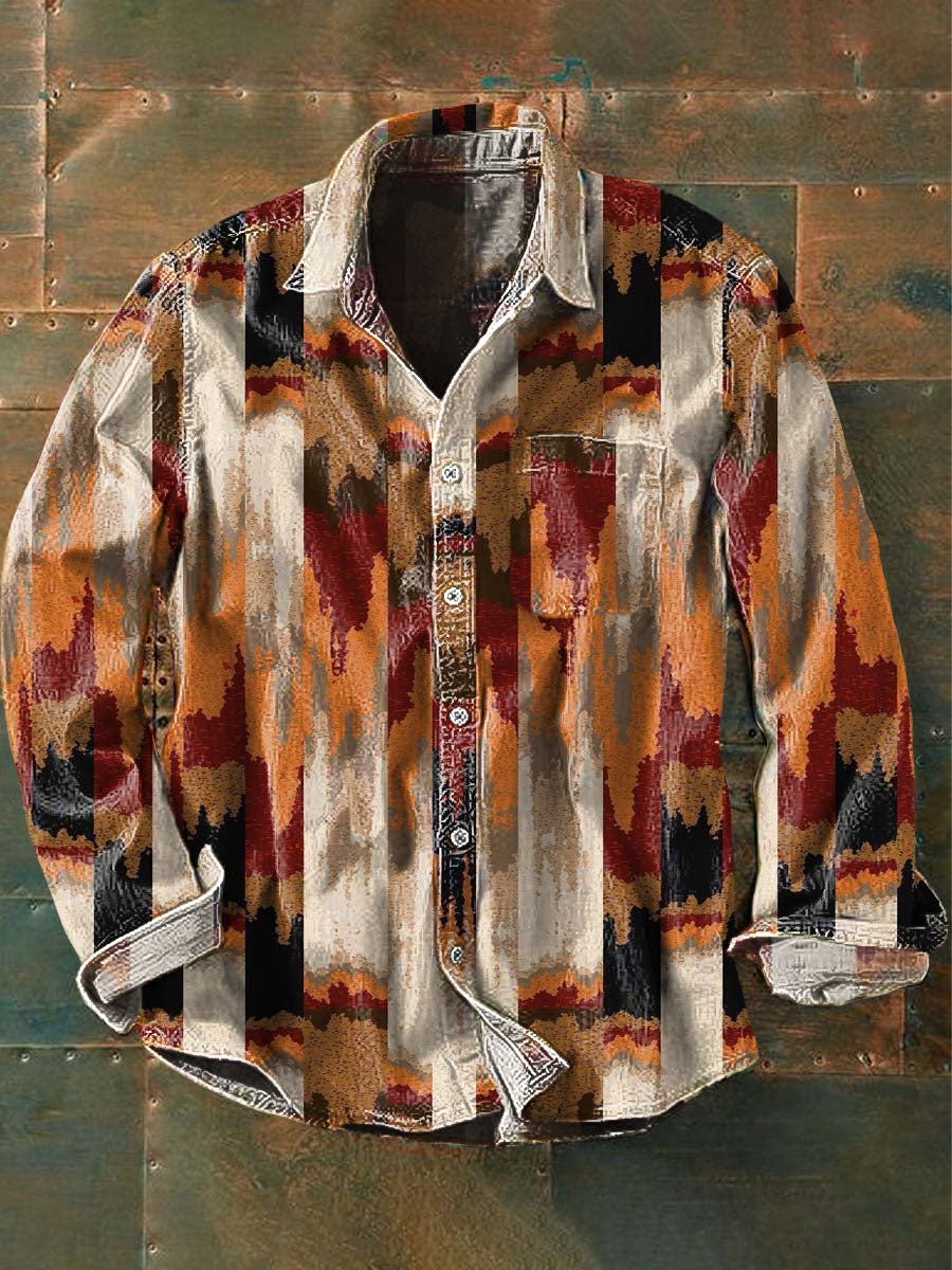 Men's Western Print Casual Lapel Long Sleeve Shirt