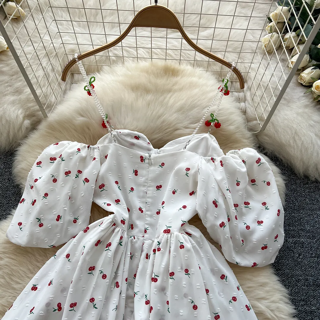 Churchf Churchf Spring And Summer Sweet Shoulder Slings Bubble Short Sleeve Cherry Print Waist Dress Women's Wooden Ear Short Skirt