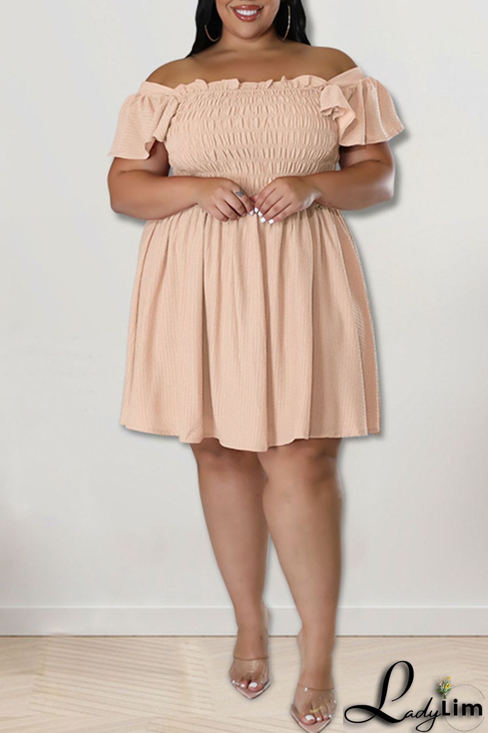Pink Casual Sweet Solid Patchwork Fold Off the Shoulder A Line Plus Size Dresses