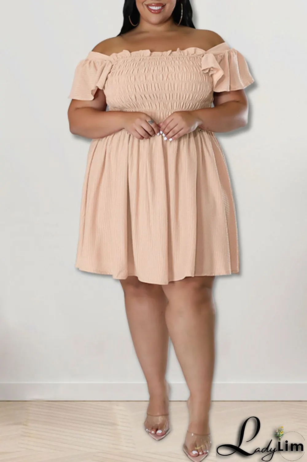 Pink Casual Sweet Solid Patchwork Fold Off the Shoulder A Line Plus Size Dresses