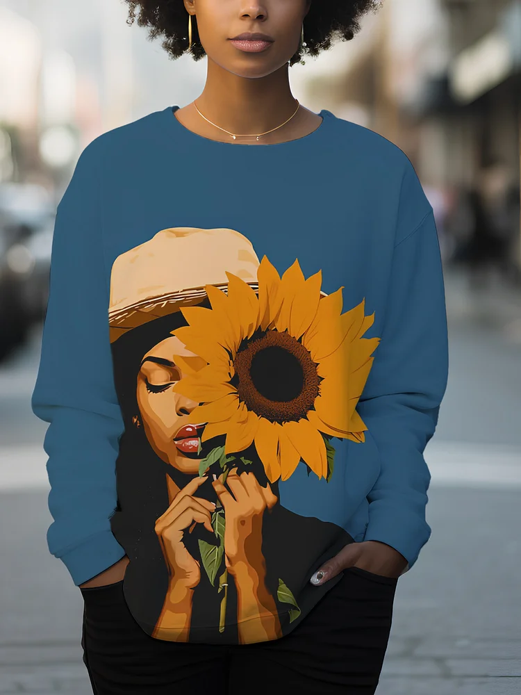Women's Black Woman And Sunflowers Art Print Casual Sweatshirt