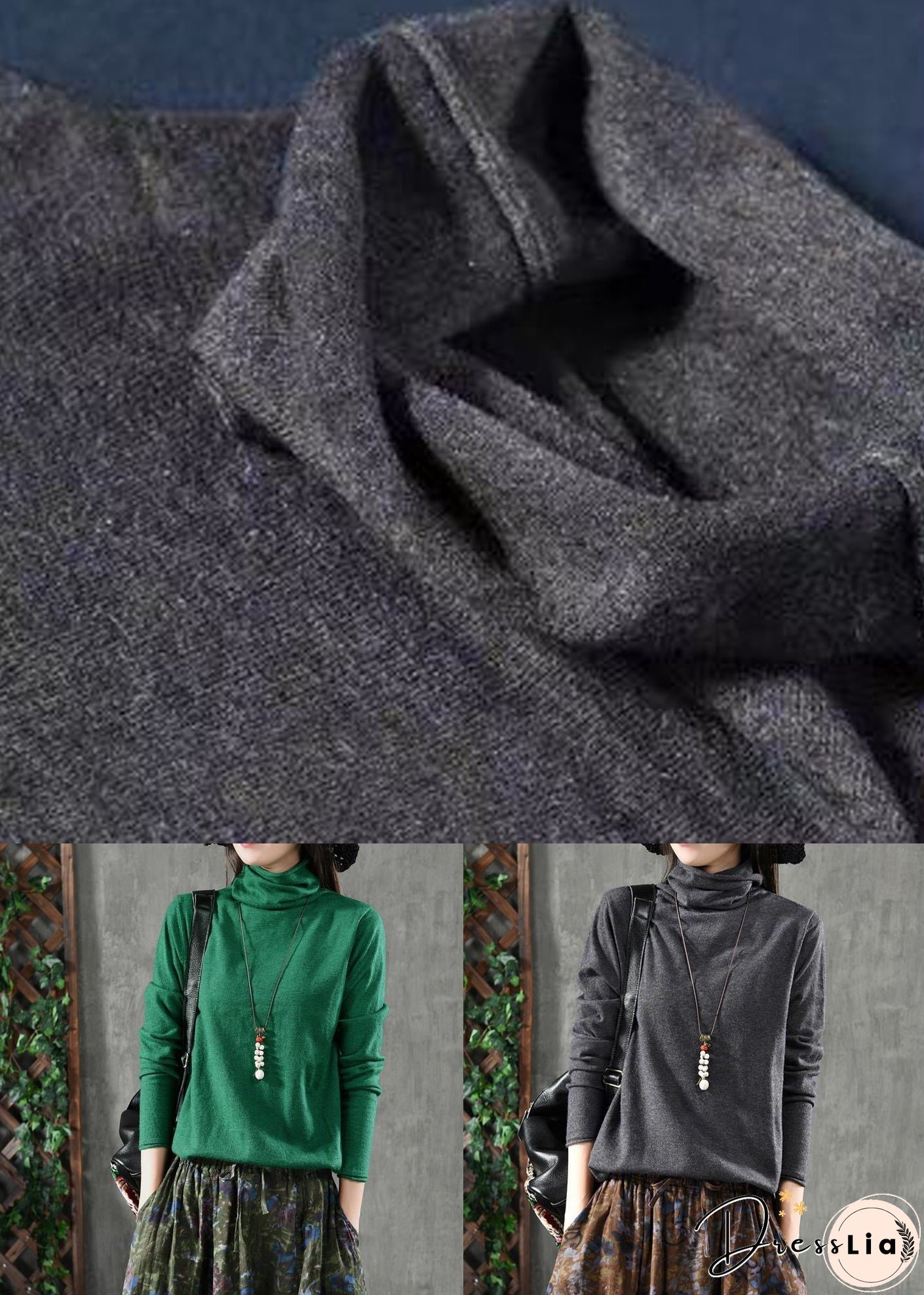 Grey Patchwork Loose Knitting Cotton Tops Turtleneck Fall
