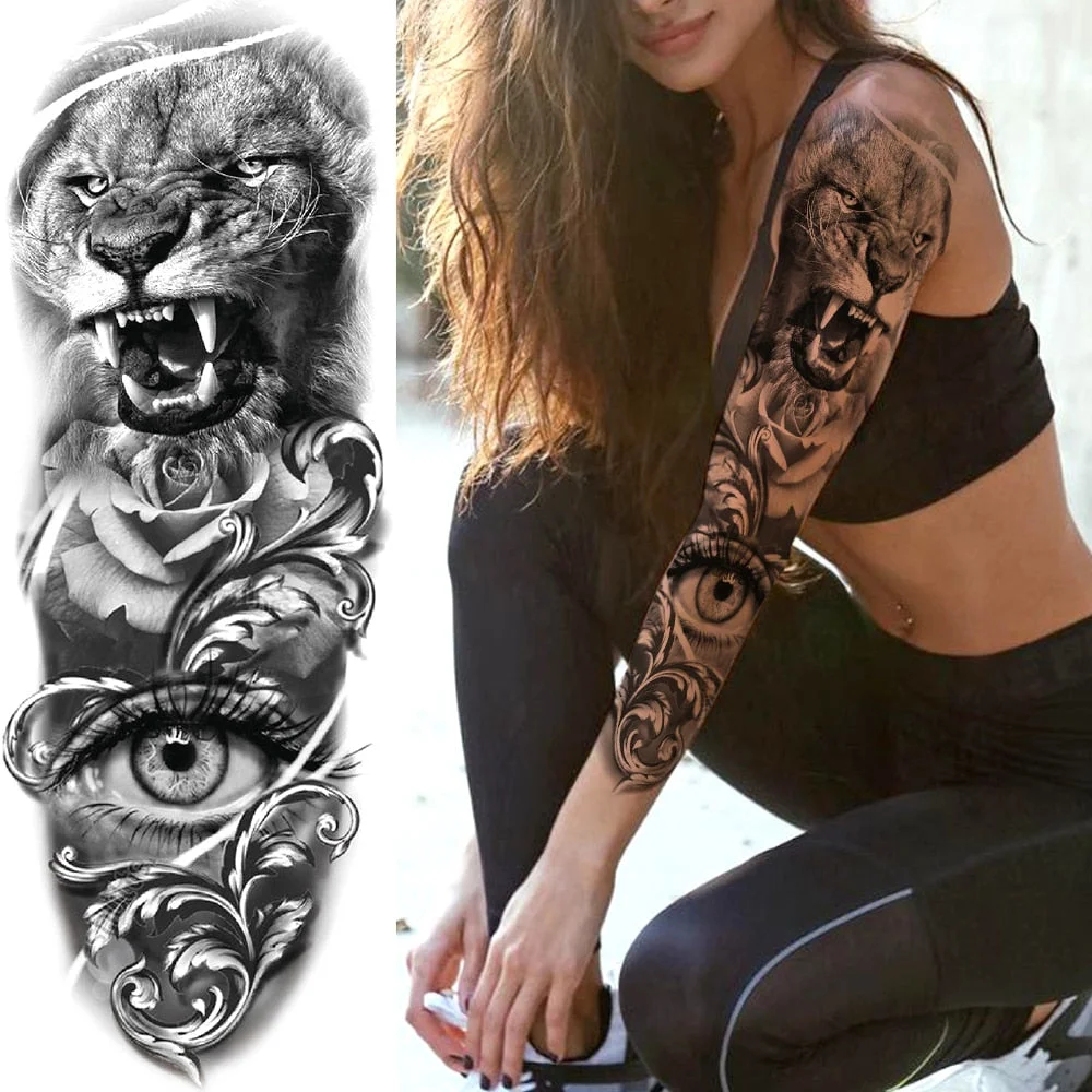 For Men Women Body Art Full Arm Sleeve Black Flower Tatoo Water Transfer Fake Tattoo Stickers Large Compass Temporary Tattoos