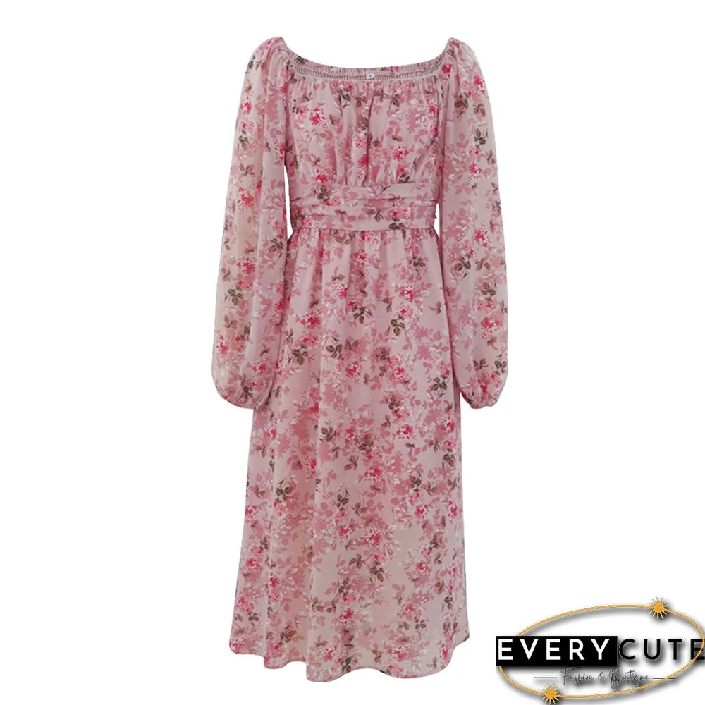 Pink Square Neck Back Pleated Chiffon Floral Dress