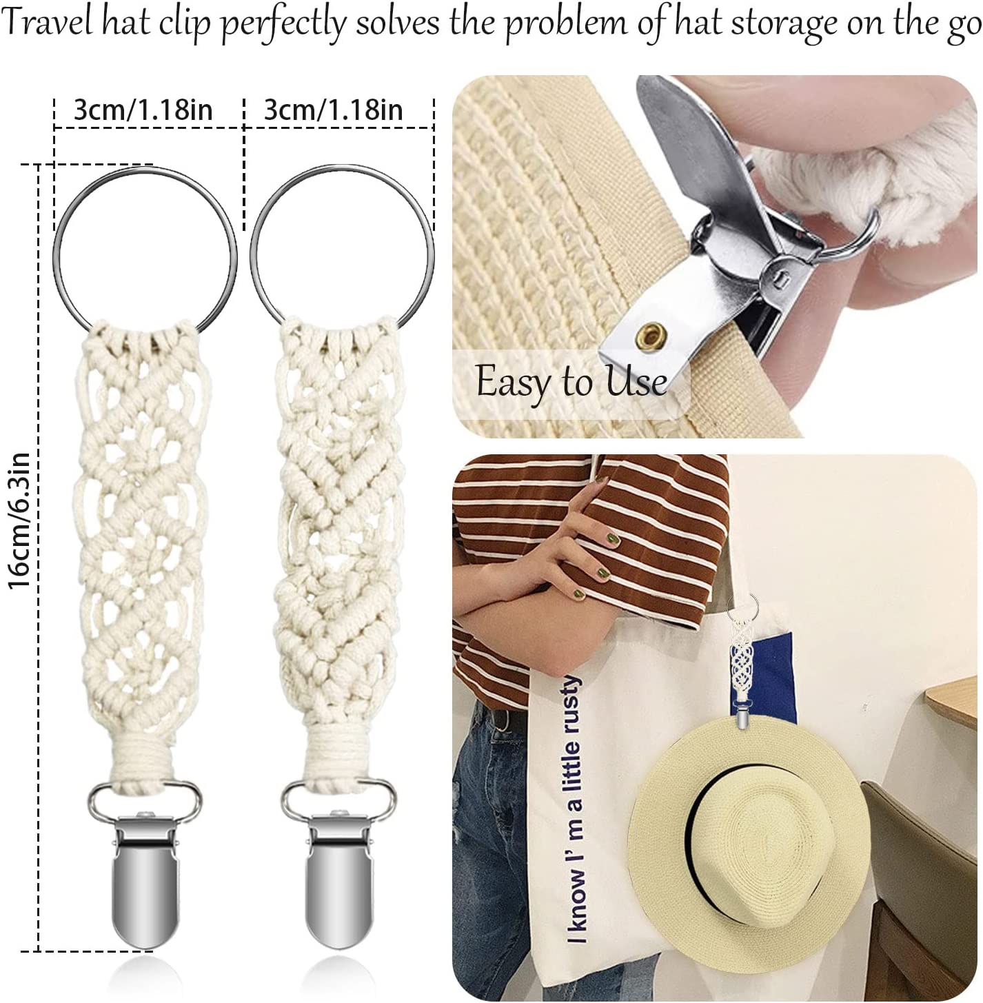 2Pcs Cotton Hat Clip for Travel, Knitting Travel Hat Clip for Bag Backpack Luggage, Hat Travel Clip for Women, Kids, Adults, Outdoor Travel Accessory Chains Hat Companion