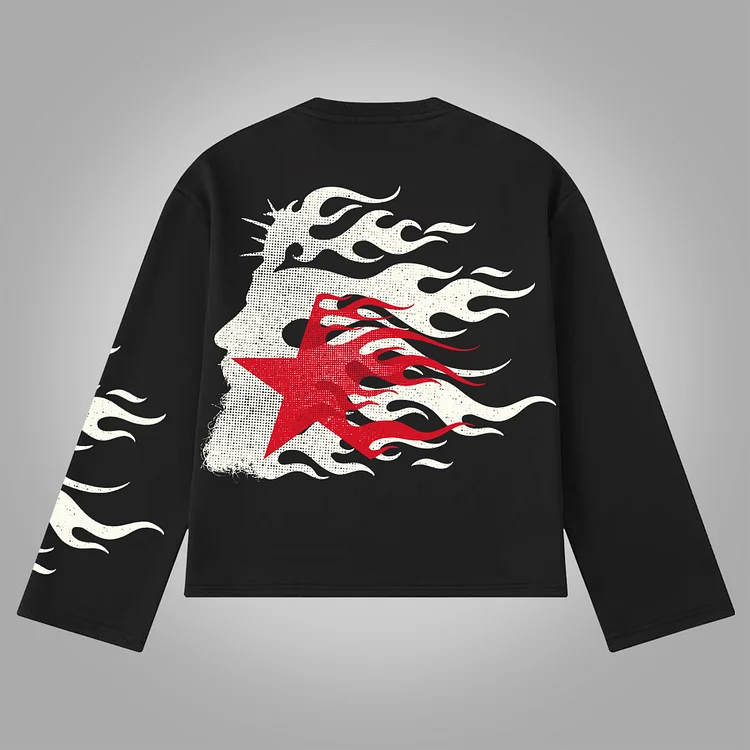 Hellstar Flame Jesus Silhouette Network Vintage Graphics Cotton Long Sleeve T-Shirt