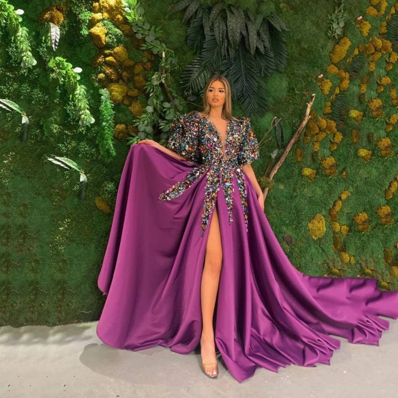 Uveng Uveng Spring New Women's Clothing Crumb Dress Squins Open Fork V-Neck Banquet Evening Dress Woman