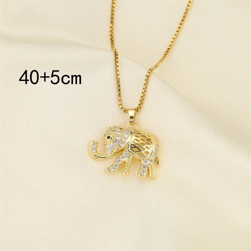 201 Stainless Steel Brass 18K Gold Plated Hollow Out Inlay Elephant Zircon Pendant Necklace