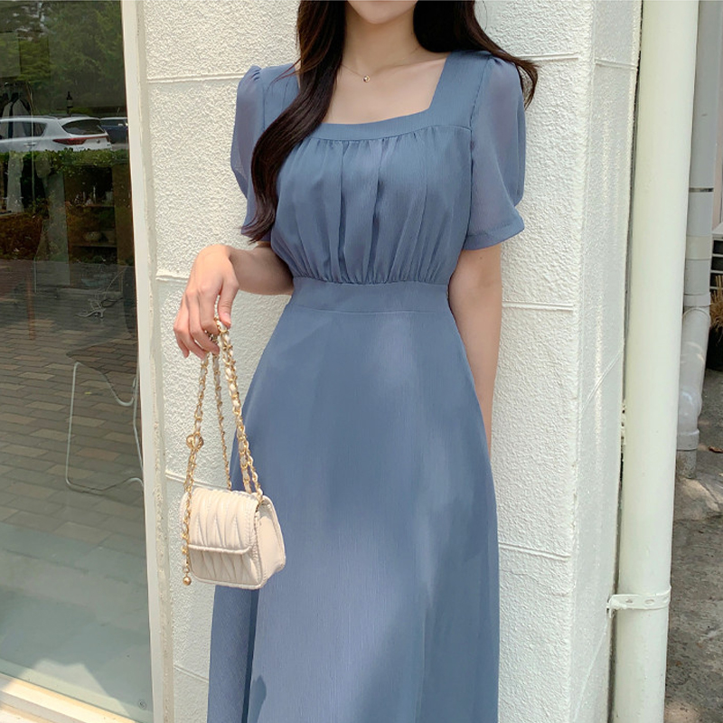 Proslotss glam dresses for women 2025 New Korean Fashion Chiffon Dress Women Summer Square Collor Puff Sleeve Office lady Elegant Dresses Design Vestidos Clothing