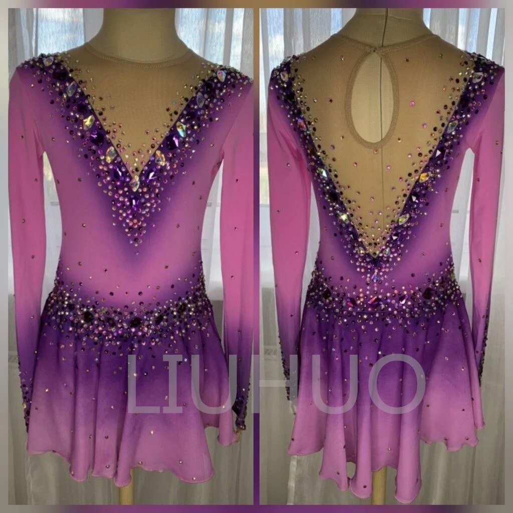 High Quanity Figure Skating Performance Dress Competition Grading Skating Skirt Pink Gradient For Girls