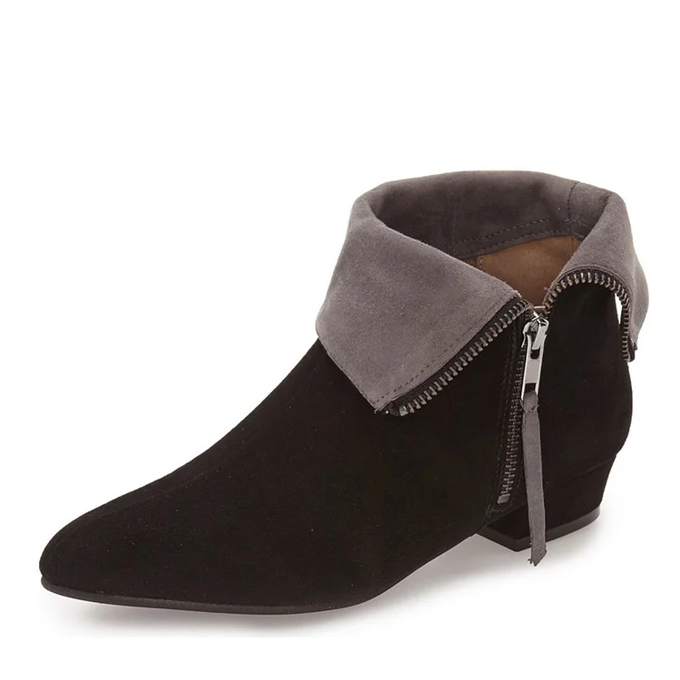 Black and Taupe Short Boots Low Heel Vegan Suede Fold-Over Boots |FSJ Shoes