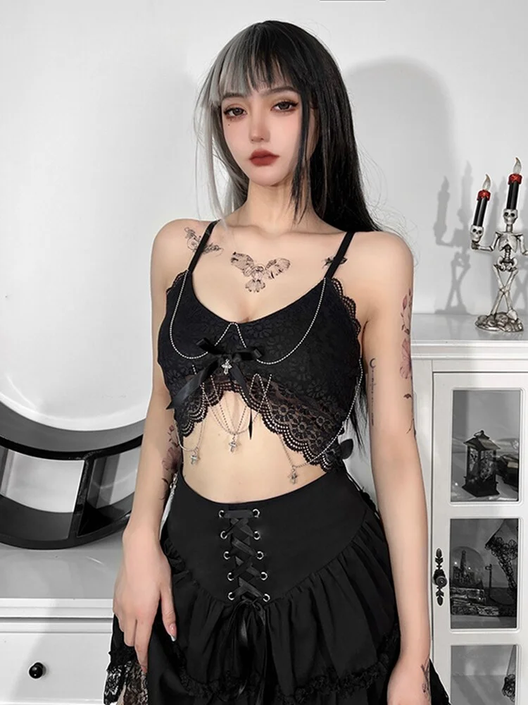 Jangj Goth Women Tank Top Y2k Dark Alt Clothes Aesthetic Harajuku Backless Lace Cross Pendant Camis Summer Punk Fairy Emo Crop Top 90s