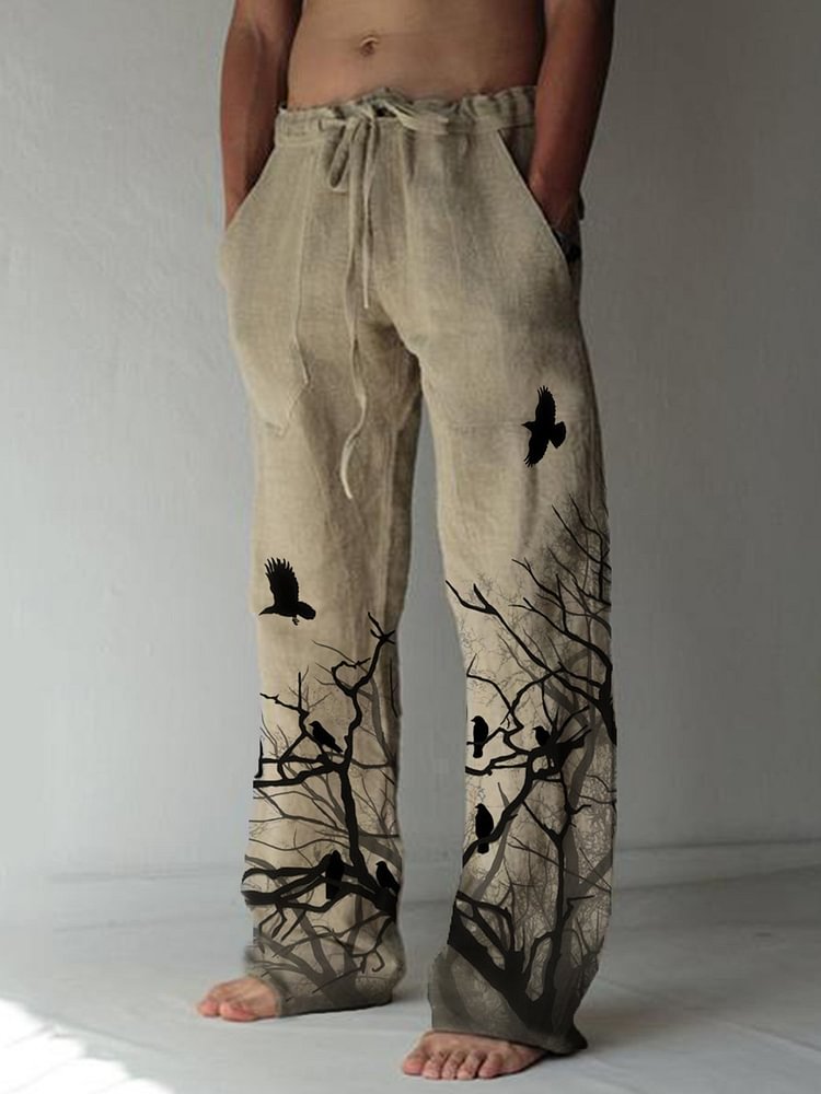 Men's branch print casual linen cotton trousers straight leg pants