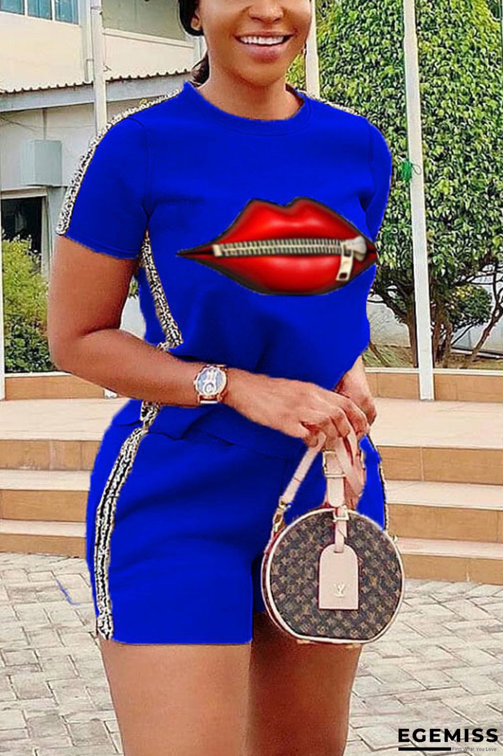 Blue Fashion Casual Printed T-shirt Shorts Set | EGEMISS