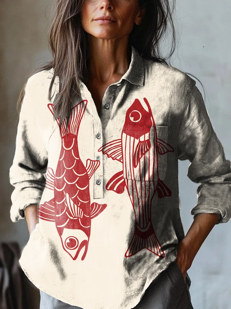Women's Sardines Art Print Casual Cotton and Linen Shirt