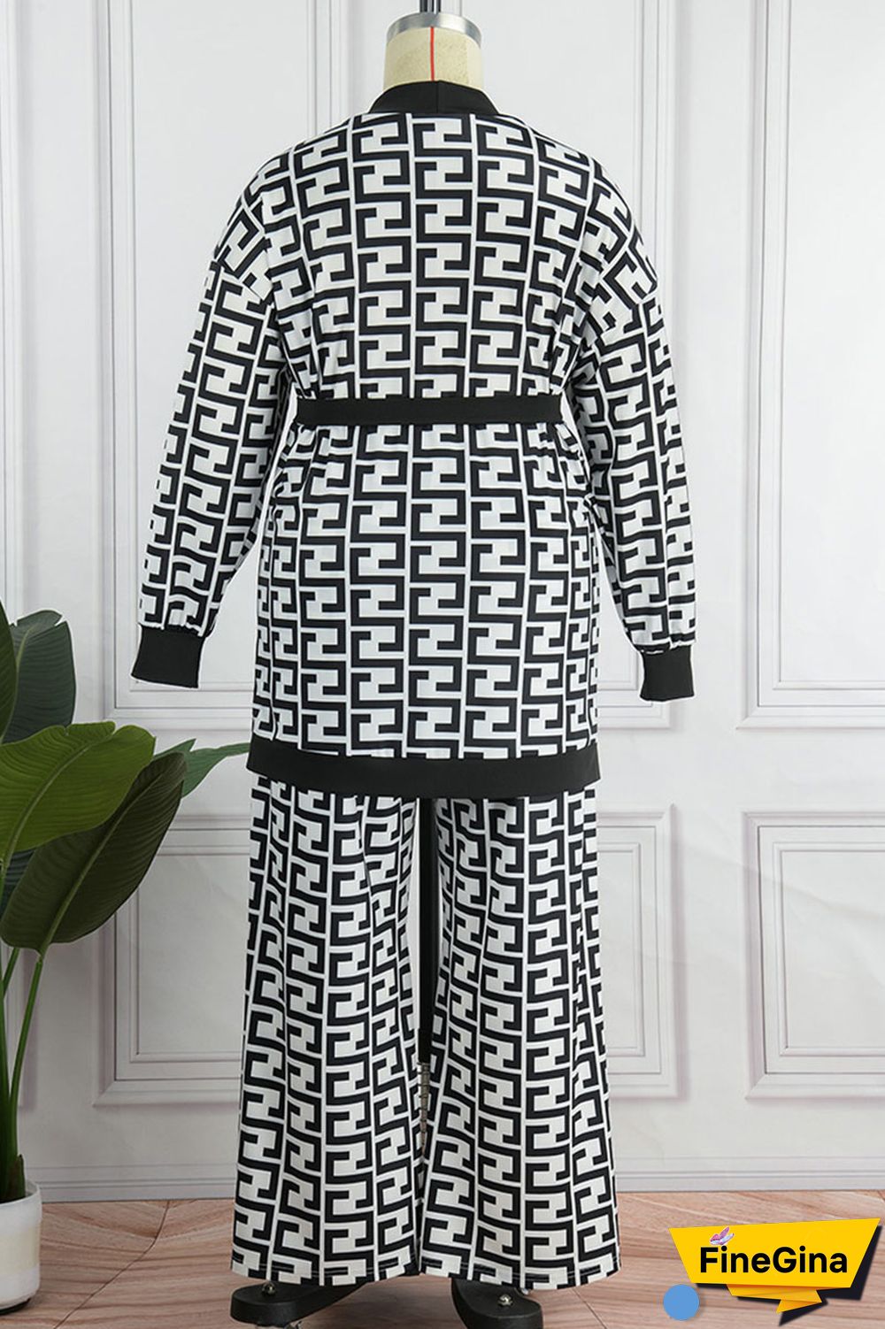 Black White Casual Print Bandage Patchwork Plus Size Two Pieces