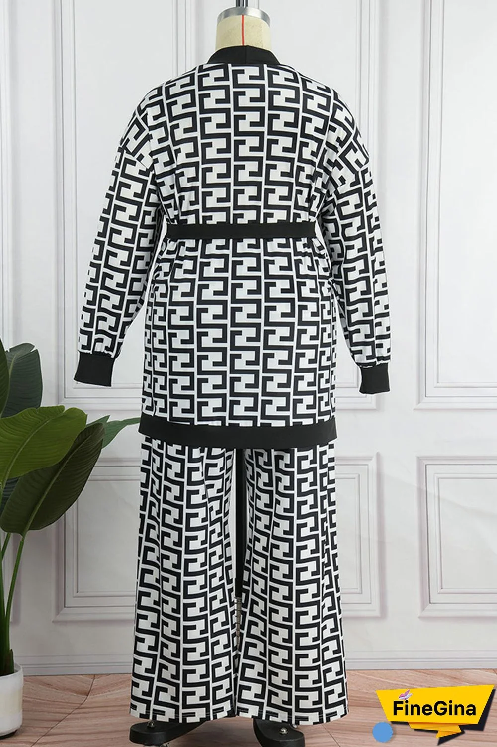 Black White Casual Print Bandage Patchwork Plus Size Two Pieces