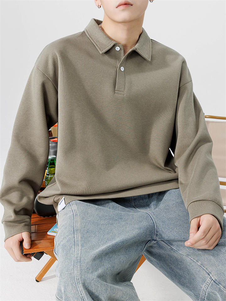 Breathable Thickened Daily Heavy Beaded Cotton Long-sleeved Polo Shirt Men Loose Tide Solid Color Lapel Sweater Work Clothes