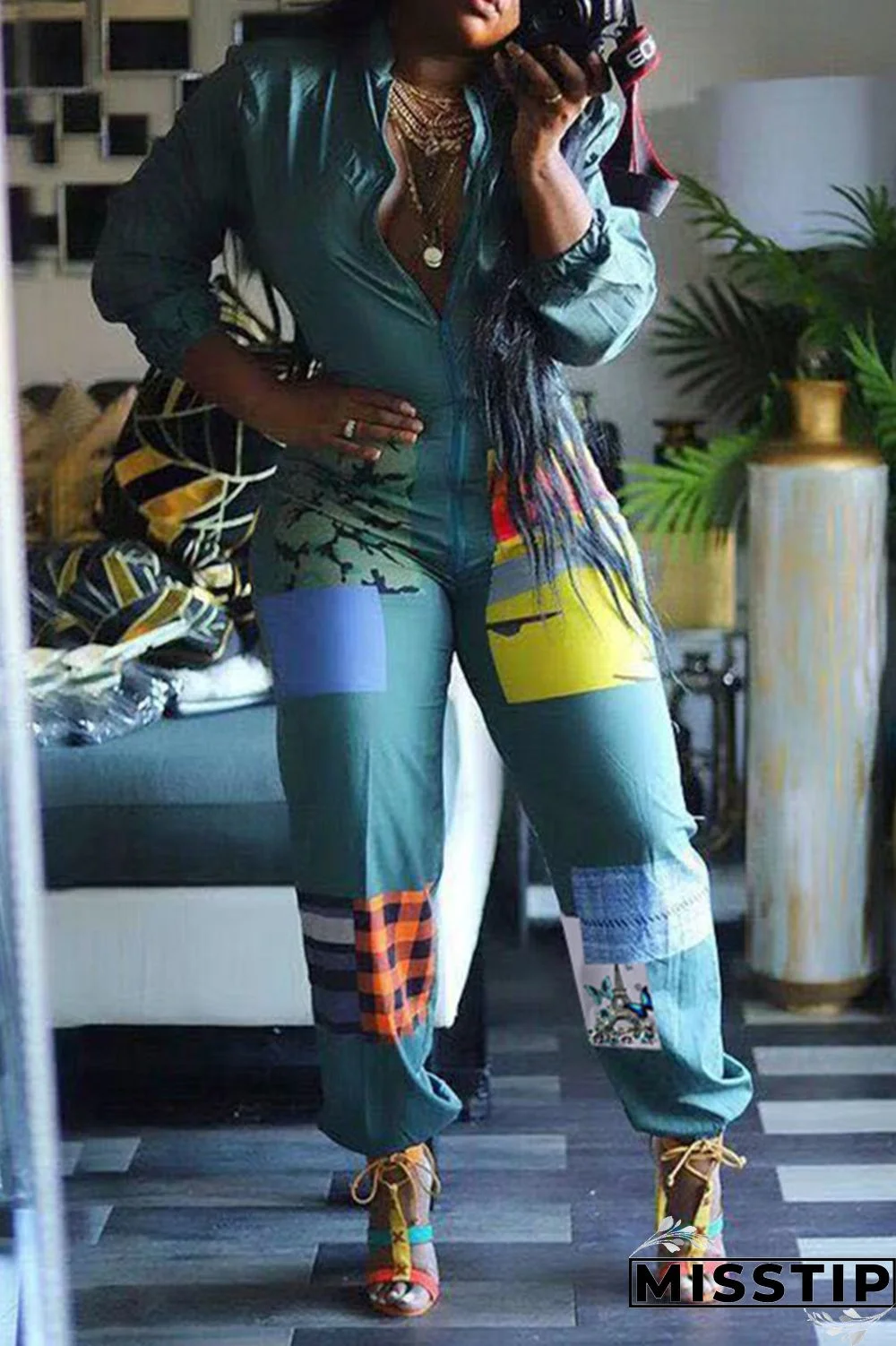 Leopard print Chemical fiber blend Sexy zipper Leopard Print Camouflage Zippered Zipper Plus Size