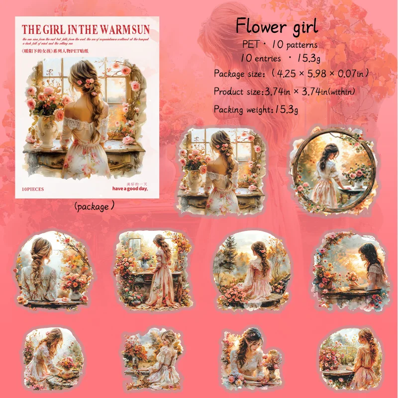 Journalsay Girl Under The Warm Sun Series Vintage Flower Character Landscaping PET Sticker
