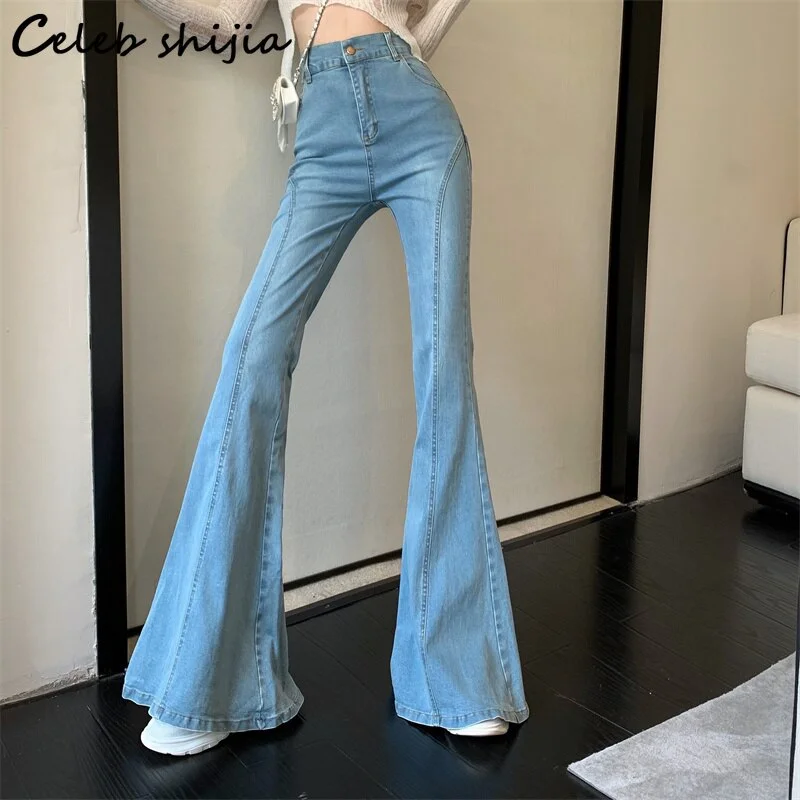 Cartoonh Blue Flare Jeans for Women High Waist 2022 Summer Elastic Denim Women Bottoms Korean Elegant Y2k Wide Leg Pants