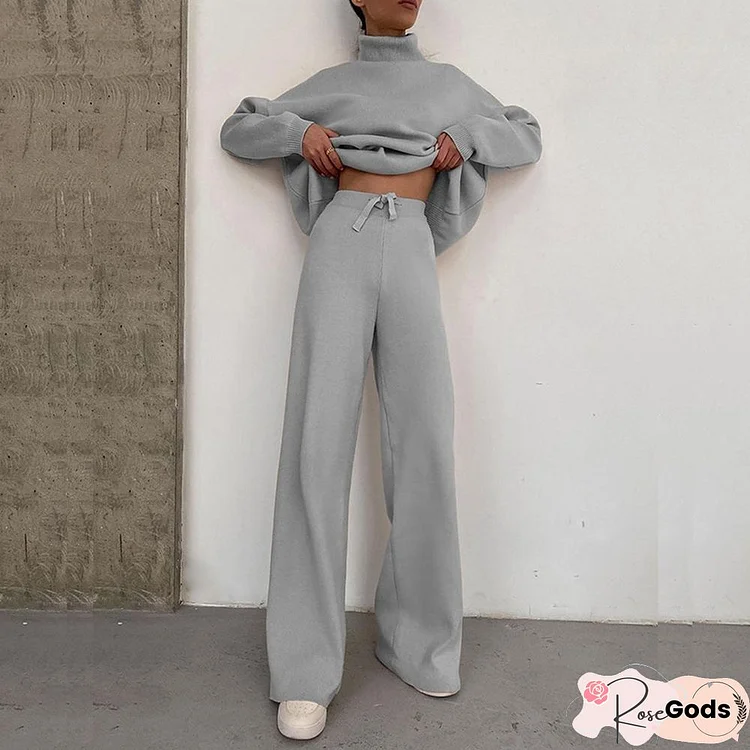 Elegant Fashion Fleece Outfit Women Autumn Winter Turtleneck Tops and Wide Leg Pants Suits Casual Solid Two Piece Set Femme