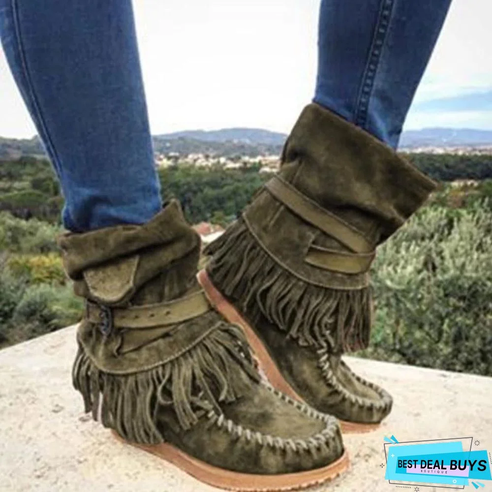 Women's Fringe Round Toe Retro Boots