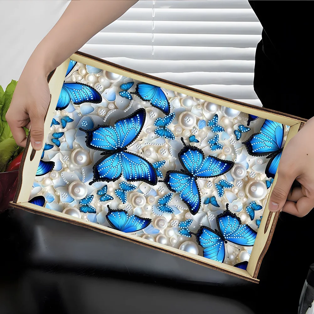 5D DIY Butterfly Diamond Painting Wooden Serving Tray with Handle for Home Decor