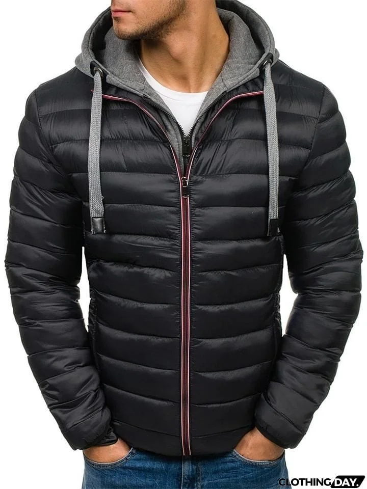 Men's Zip Up Drawstring Hooded Puffer Solid Color Coat